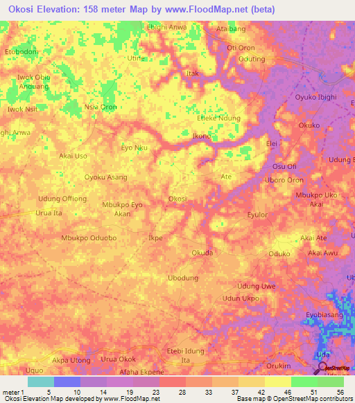 Okosi,Nigeria Elevation Map