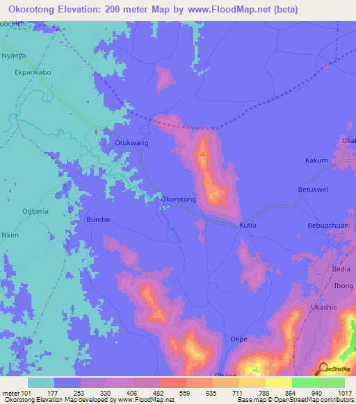 Okorotong,Nigeria Elevation Map