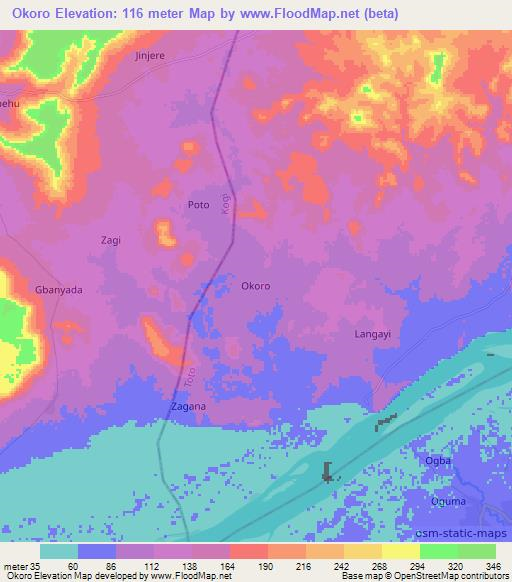 Okoro,Nigeria Elevation Map