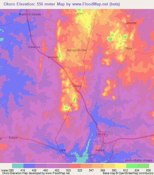 Okoro,Nigeria Elevation Map