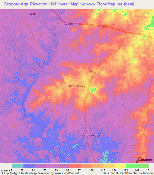 Okopoto-Agu,Nigeria Elevation Map