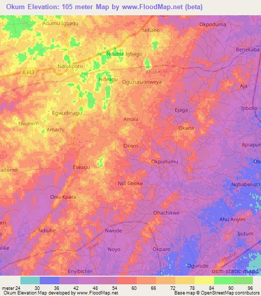 Okum,Nigeria Elevation Map