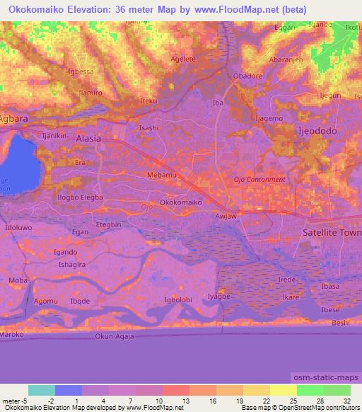 Okokomaiko,Nigeria Elevation Map