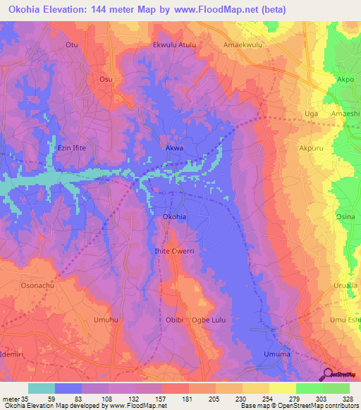 Okohia,Nigeria Elevation Map