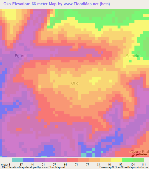 Oko,Nigeria Elevation Map