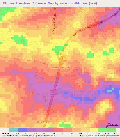 Okinano,Nigeria Elevation Map