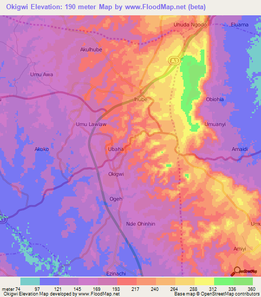 Okigwi,Nigeria Elevation Map