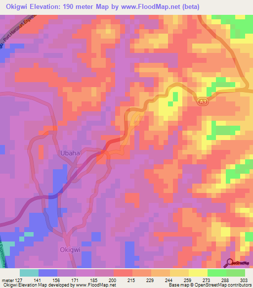 Okigwi,Nigeria Elevation Map