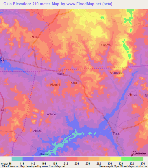 Okia,Nigeria Elevation Map