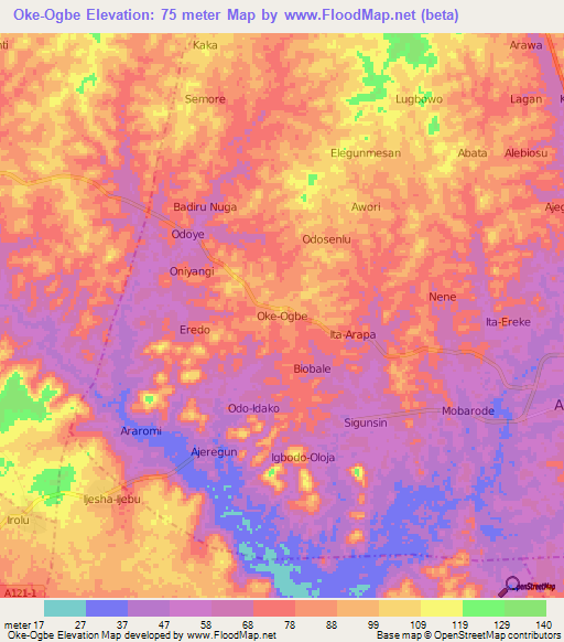 Oke-Ogbe,Nigeria Elevation Map