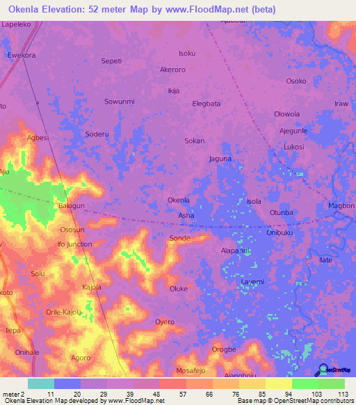 Okenla,Nigeria Elevation Map