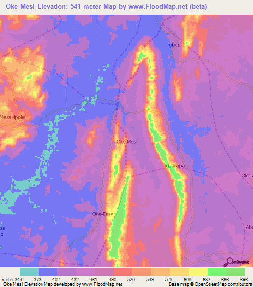 Oke Mesi,Nigeria Elevation Map