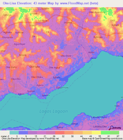 Oke-Lisa,Nigeria Elevation Map