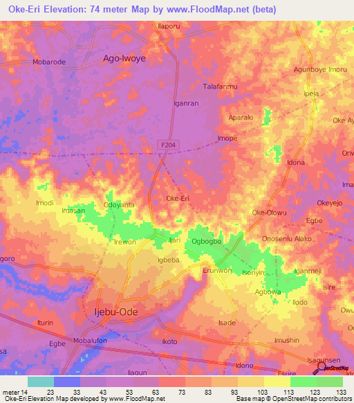 Oke-Eri,Nigeria Elevation Map