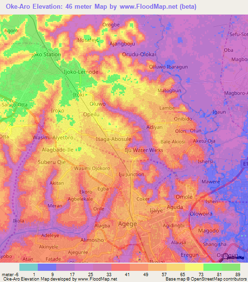 Oke-Aro,Nigeria Elevation Map