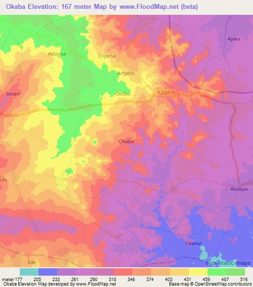 Okaba,Nigeria Elevation Map