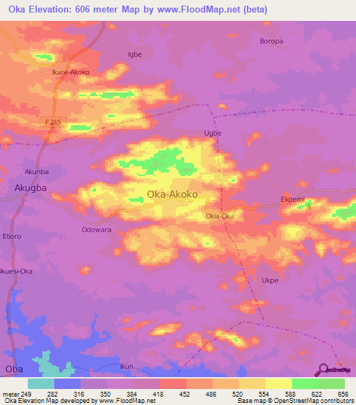 Oka,Nigeria Elevation Map