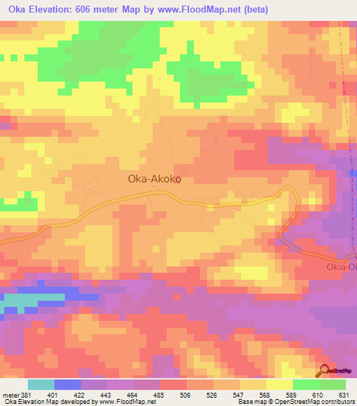 Oka,Nigeria Elevation Map