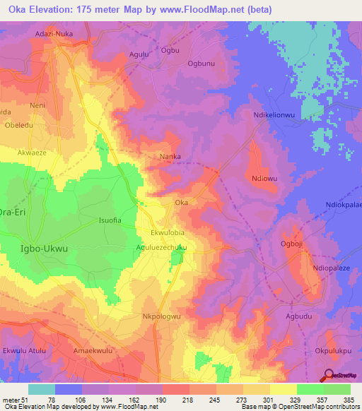 Oka,Nigeria Elevation Map