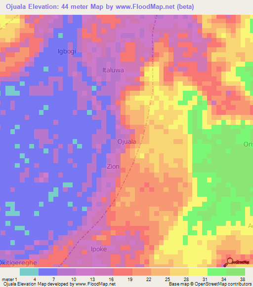 Ojuala,Nigeria Elevation Map