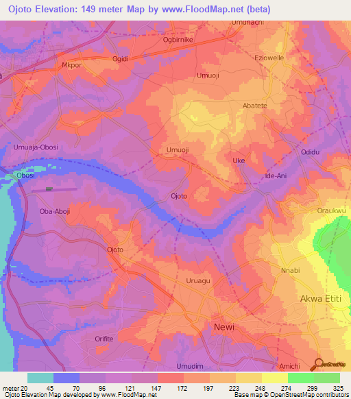 Ojoto,Nigeria Elevation Map