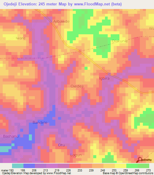 Ojedeji,Nigeria Elevation Map