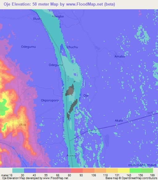 Oje,Nigeria Elevation Map