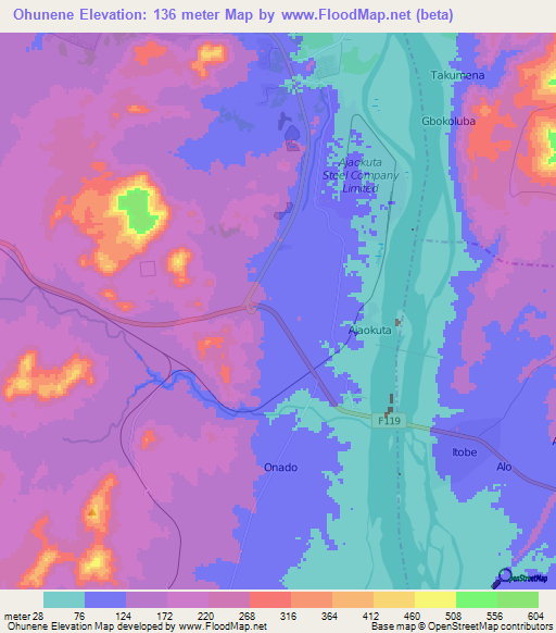 Ohunene,Nigeria Elevation Map