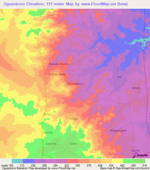 Oguaobono,Nigeria Elevation Map