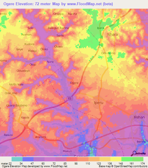 Ogere,Nigeria Elevation Map