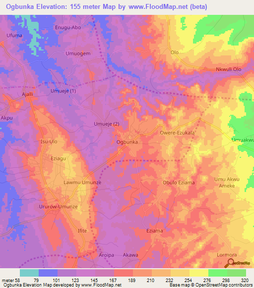 Ogbunka,Nigeria Elevation Map