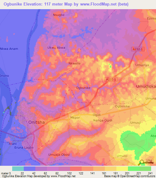 Ogbunike,Nigeria Elevation Map