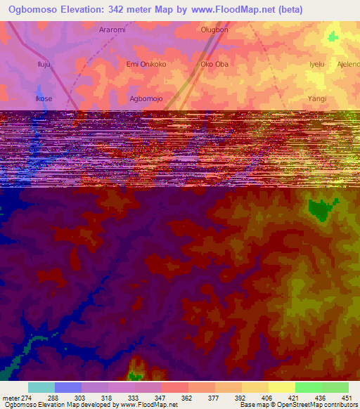 Ogbomoso,Nigeria Elevation Map