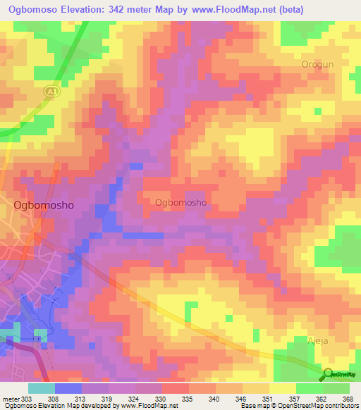 Ogbomoso,Nigeria Elevation Map