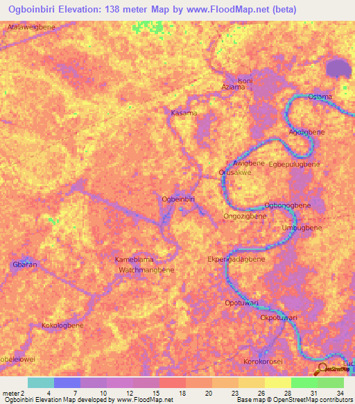 Ogboinbiri,Nigeria Elevation Map