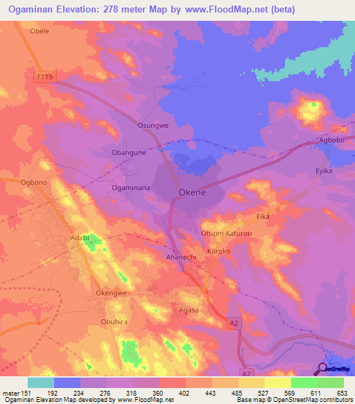 Ogaminan,Nigeria Elevation Map