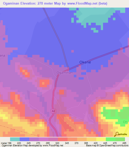 Ogaminan,Nigeria Elevation Map