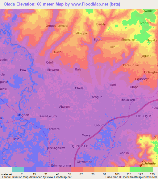 Ofada,Nigeria Elevation Map