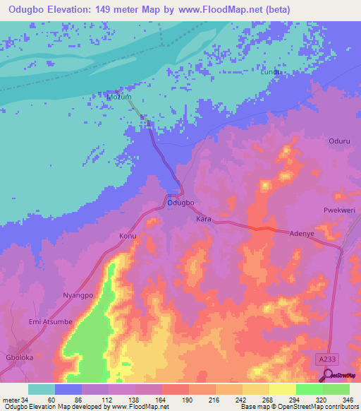 Odugbo,Nigeria Elevation Map