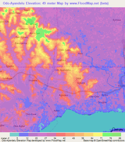 Odo-Ayandelu,Nigeria Elevation Map