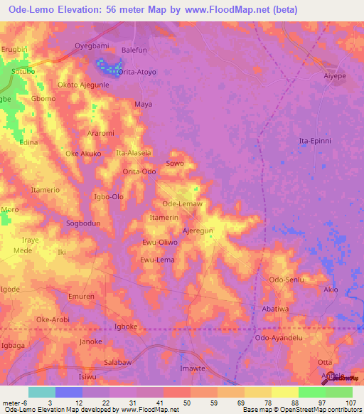 Ode-Lemo,Nigeria Elevation Map