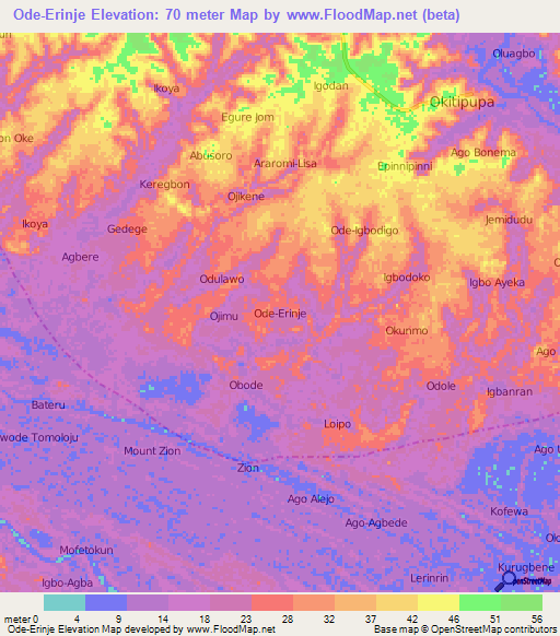 Ode-Erinje,Nigeria Elevation Map