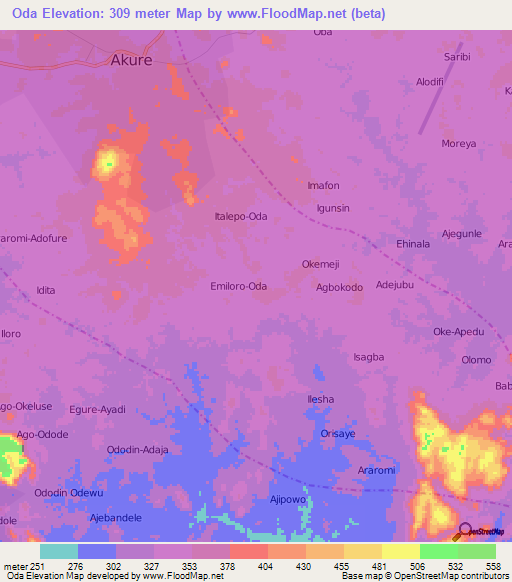 Oda,Nigeria Elevation Map