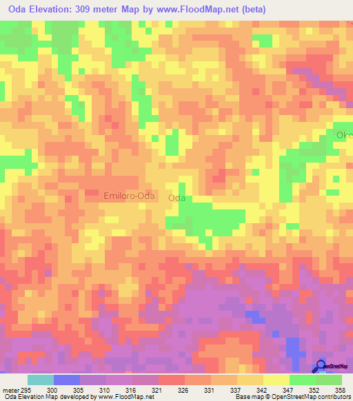 Oda,Nigeria Elevation Map