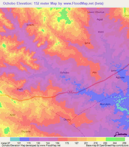 Ochobo,Nigeria Elevation Map