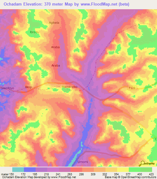 Ochadam,Nigeria Elevation Map