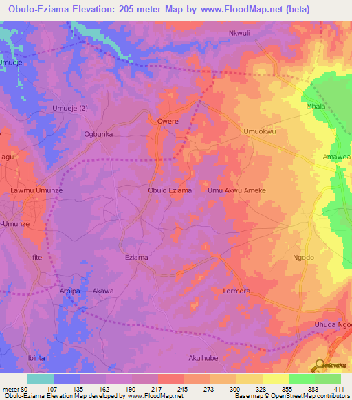 Obulo-Eziama,Nigeria Elevation Map