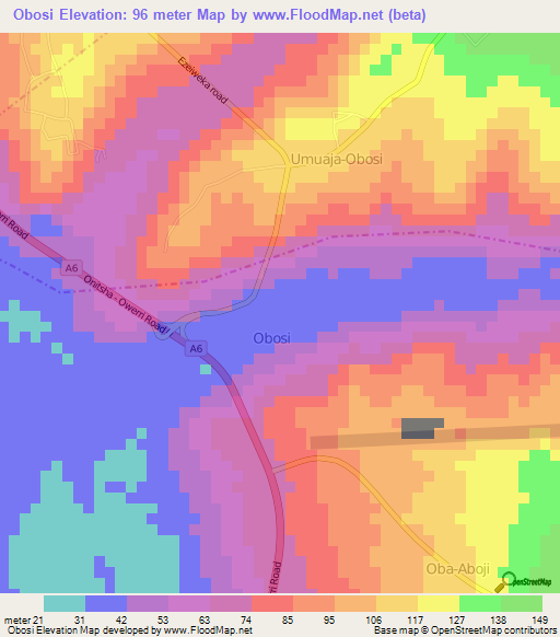 Obosi,Nigeria Elevation Map