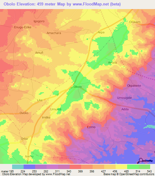 Obolo,Nigeria Elevation Map