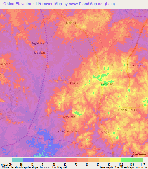 Obina,Nigeria Elevation Map